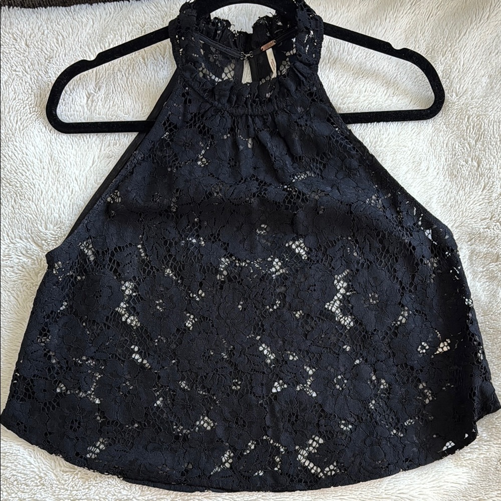 Free People Size XS Black Sleeveless Lace Blouse High Neck Tank Top See Thru